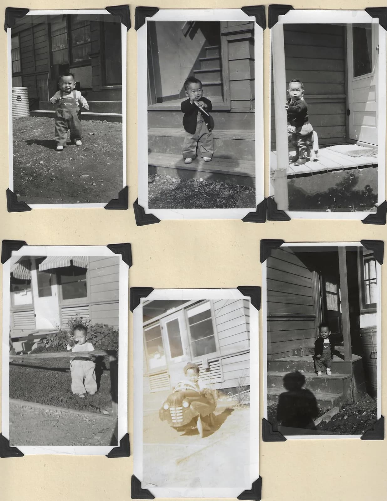 A scanned album page with six snapshots held in black photo corners