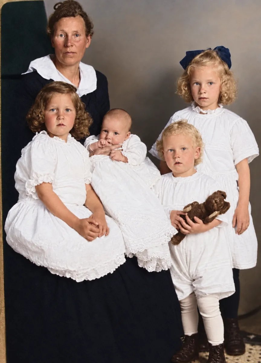 After: sepia studio portrait of a woman with four young children in white dresses