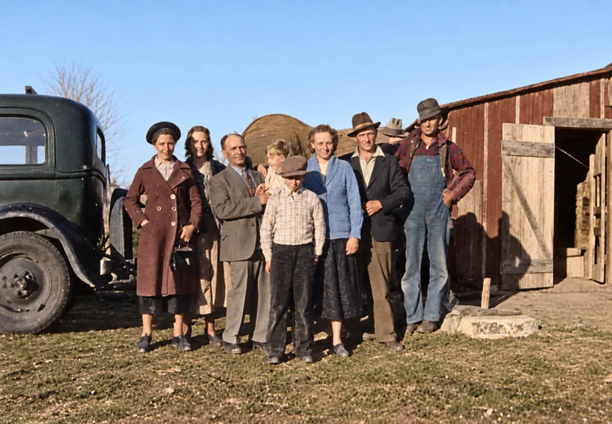 After: sepia photo of a group of men and women beside an old truck and barn