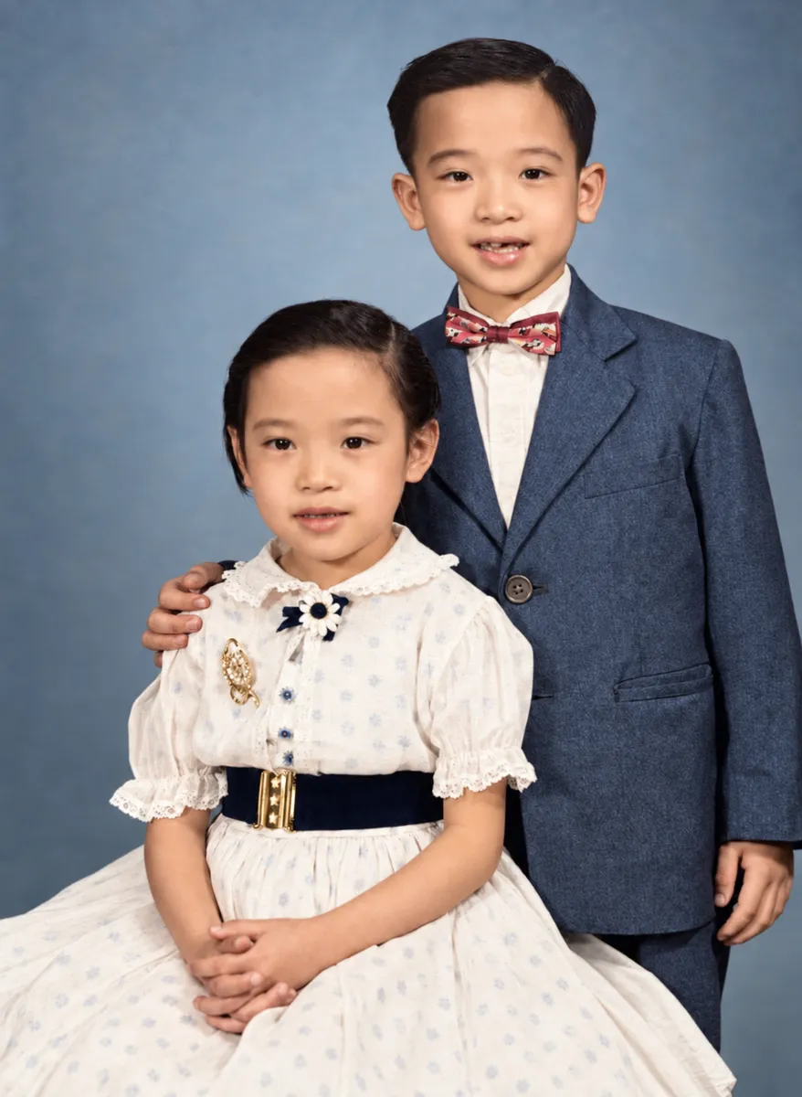 After: black-and-white studio portrait of a young girl and an older boy in a bow tie
