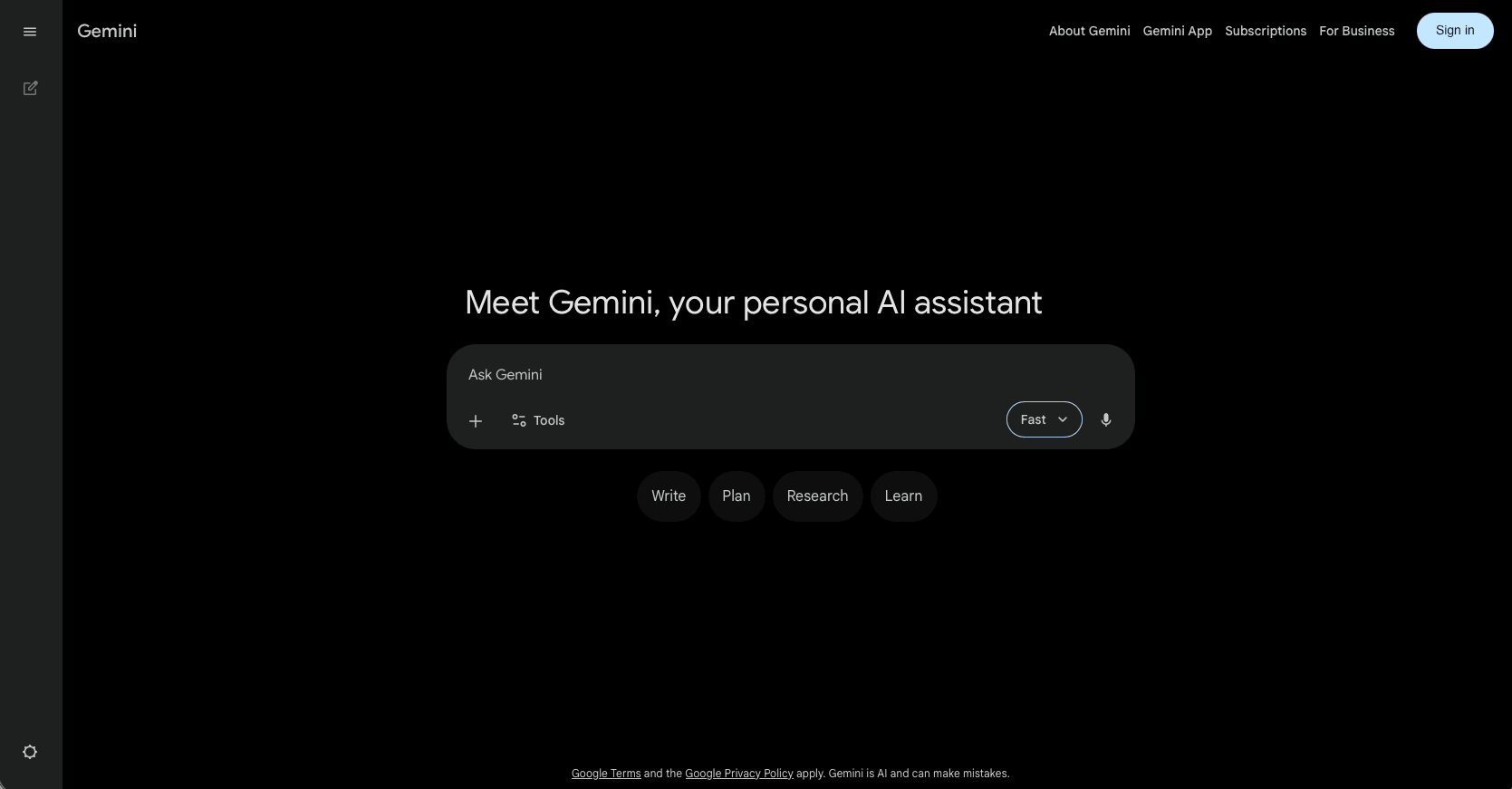 Gemini homepage showing the Sign in button