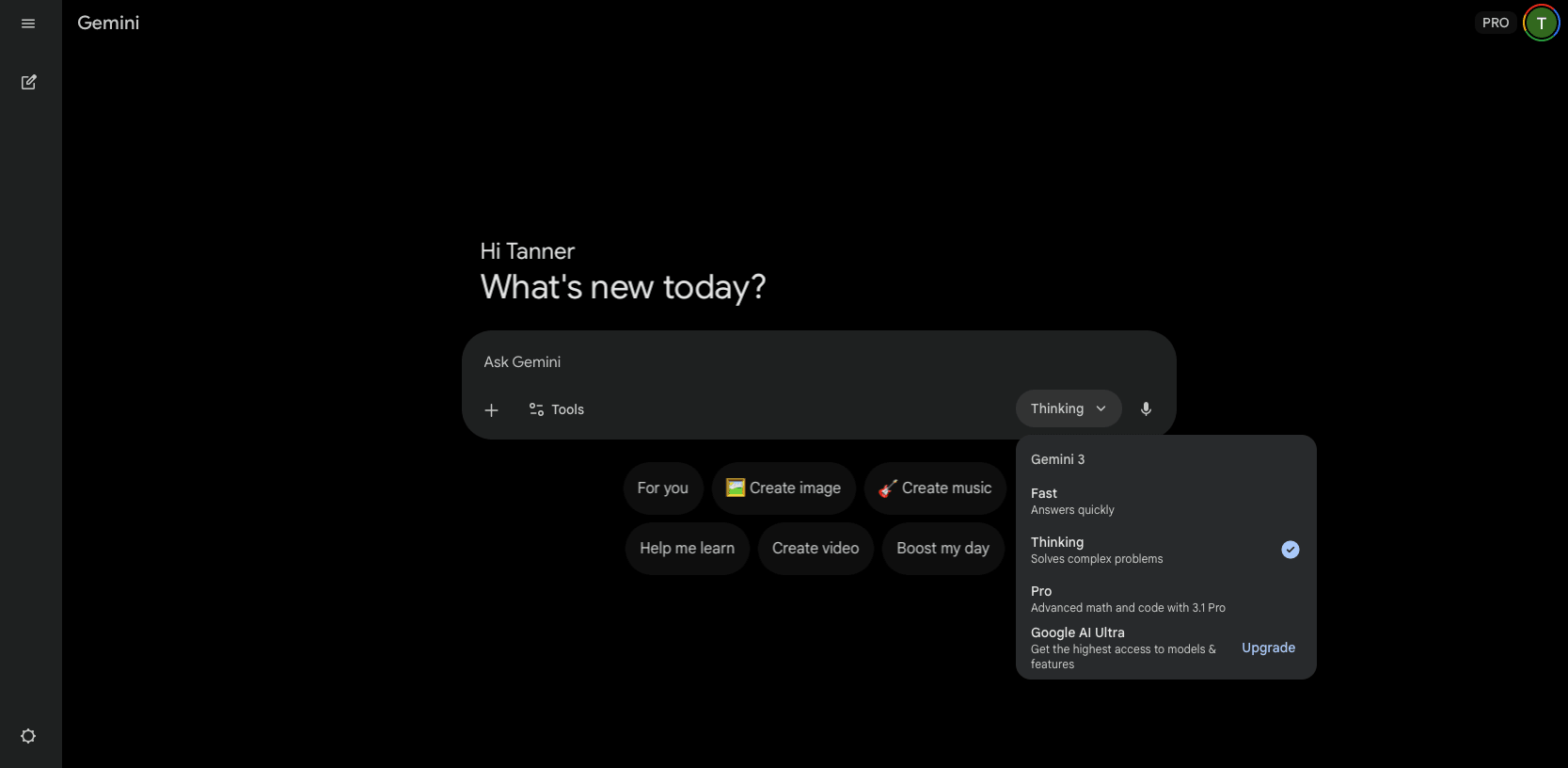 Gemini model selector showing the Thinking option