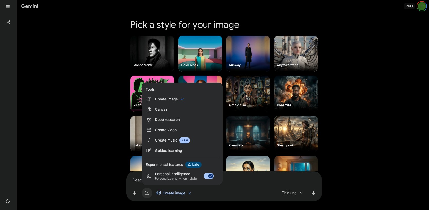 Gemini Tools menu with Create image selected