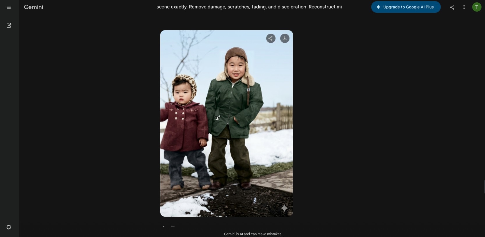 Gemini showing the restored colorized photo with download button
