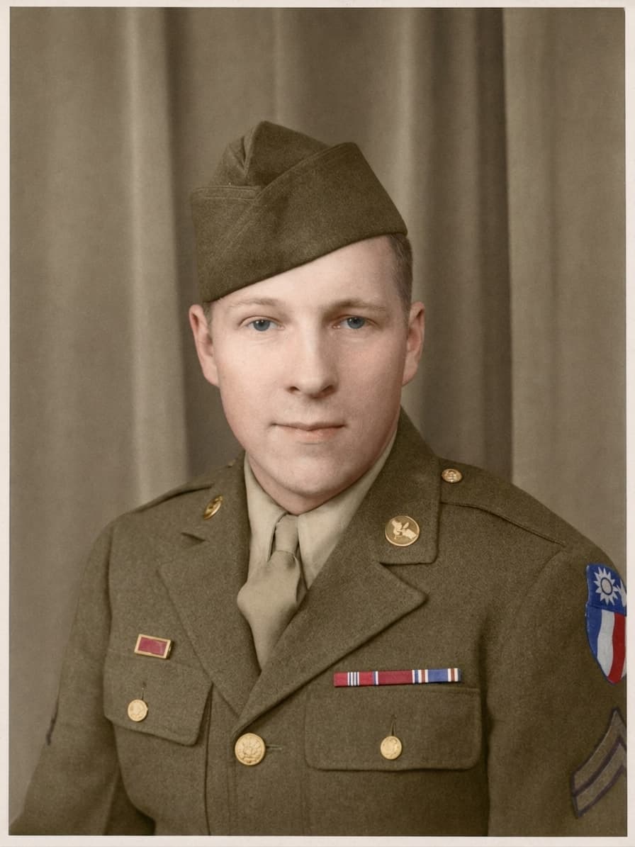 The same soldier portrait after AI restoration — creases removed and color recovered.