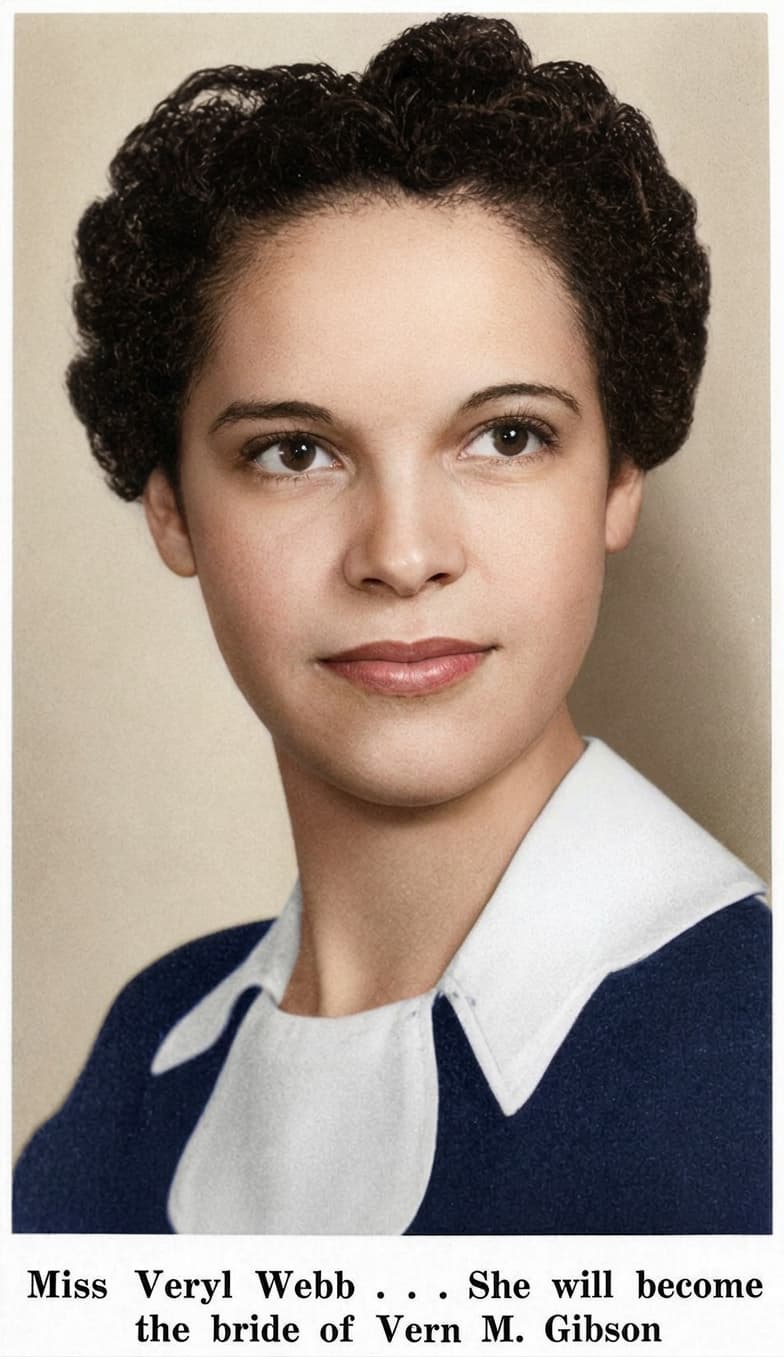 The same studio portrait after AI restoration — damage repaired and color added.