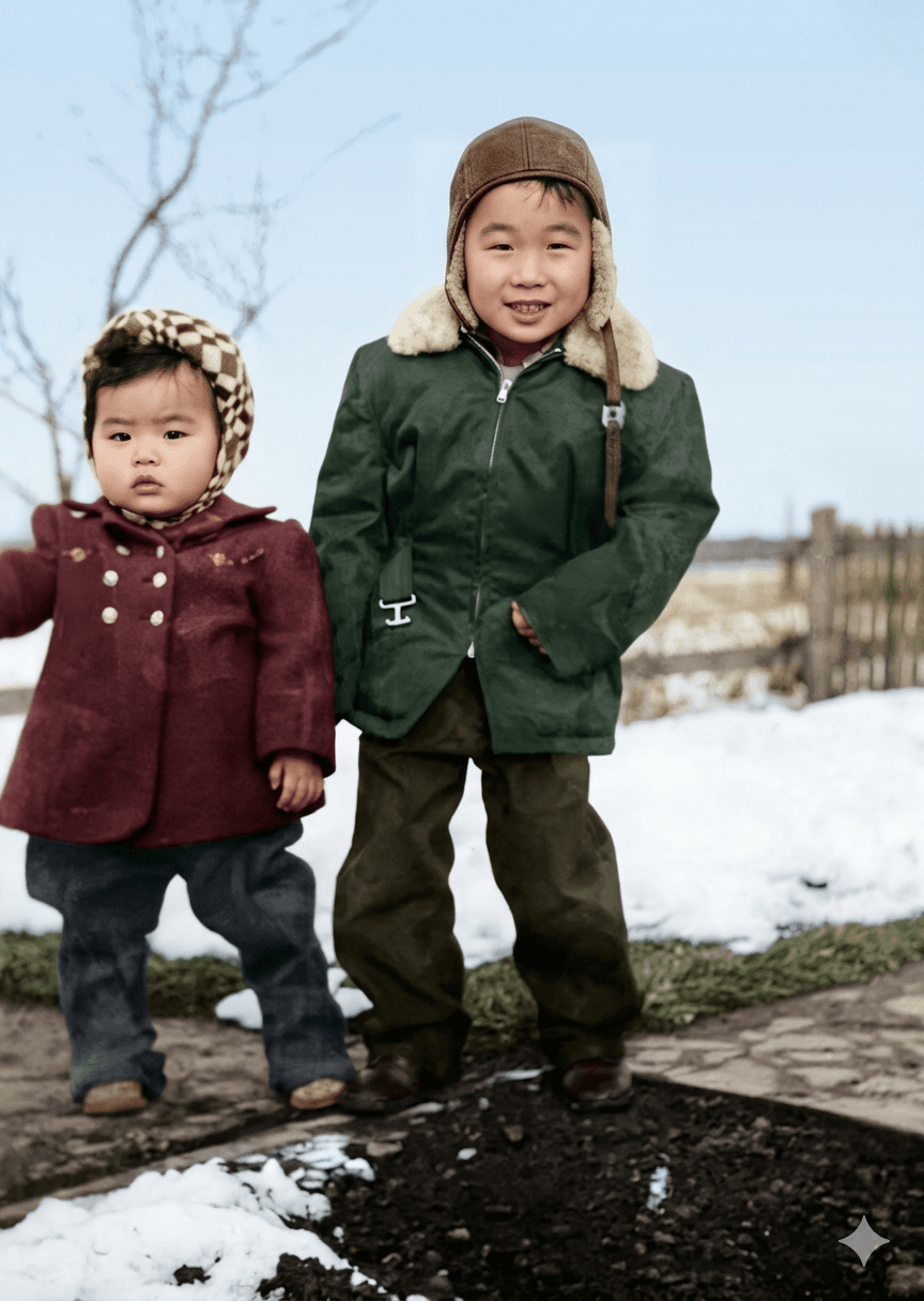 Same family portrait after AI restoration: sharper, color-corrected, repaired damage